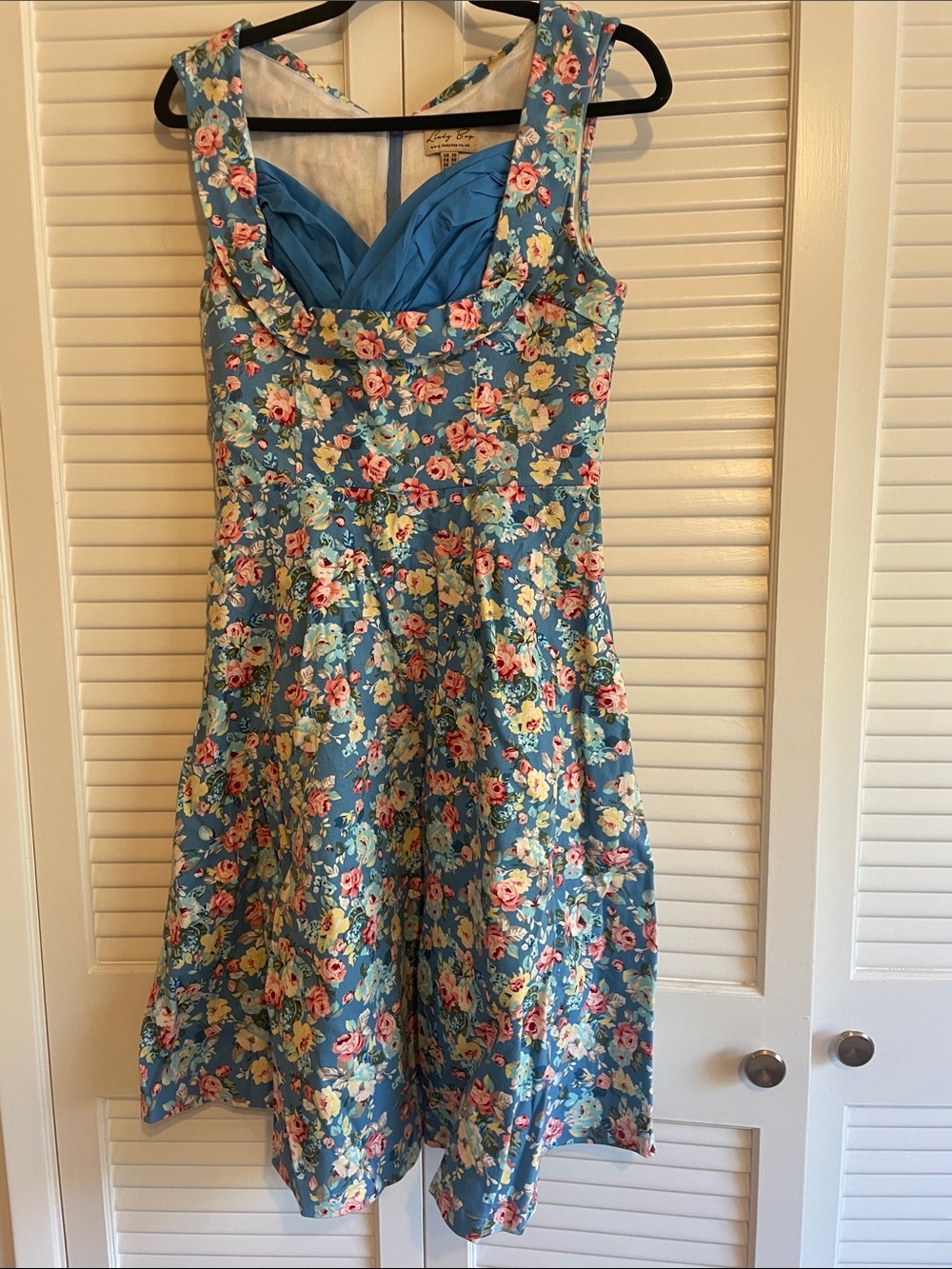 Lindy Bop Blue Floral Midi Dress with Pink and Yellow Blooms